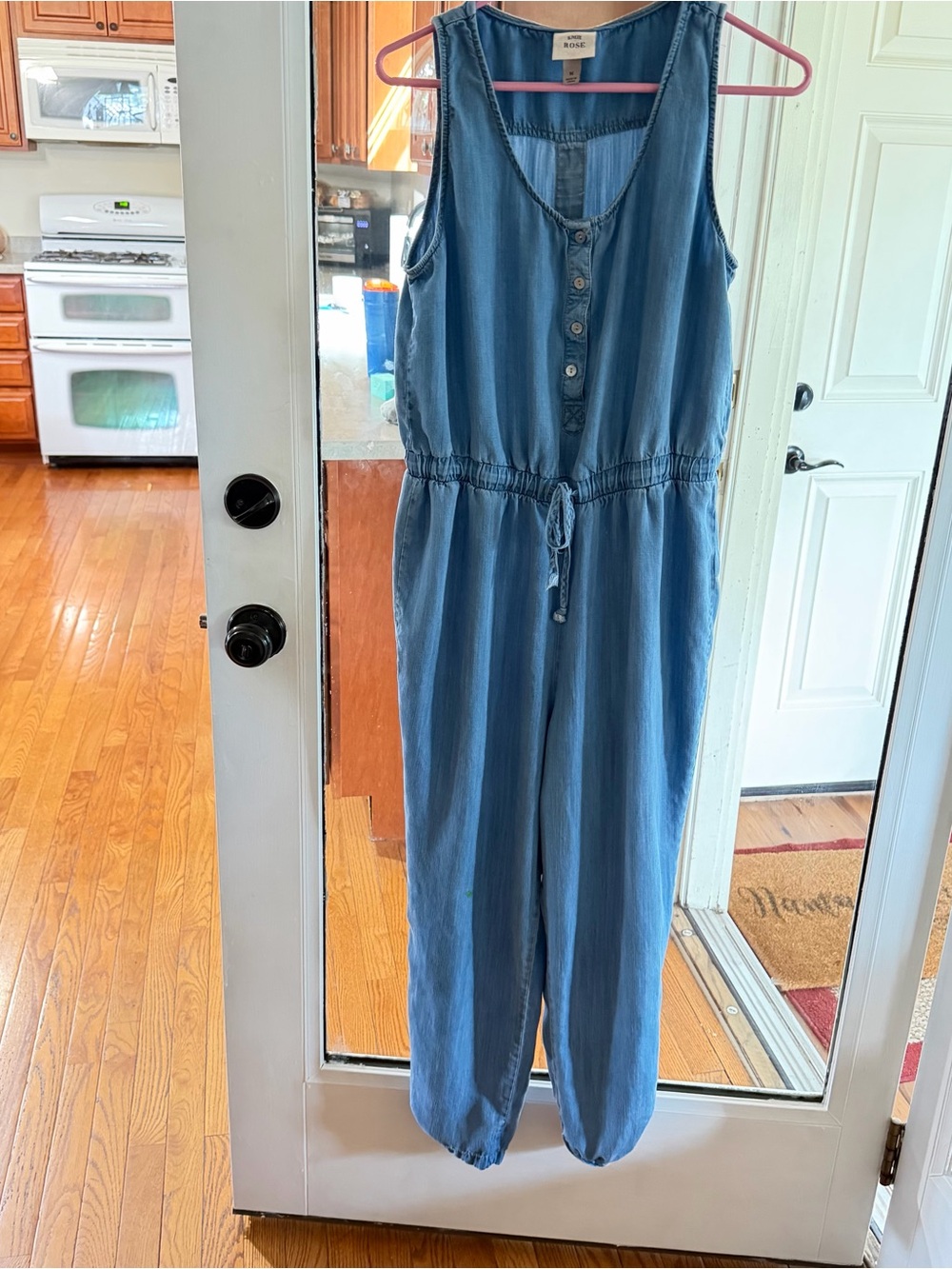 Knox Rose Light Blue Sleeveless Chambray Jumpsuit with Tie Waist Sz. Medium